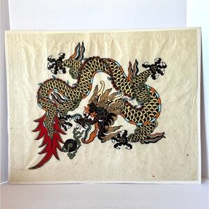 Vintage Mid Century Nepalese Color Woodblock Dragon Print Handmade Paper Tibetan
